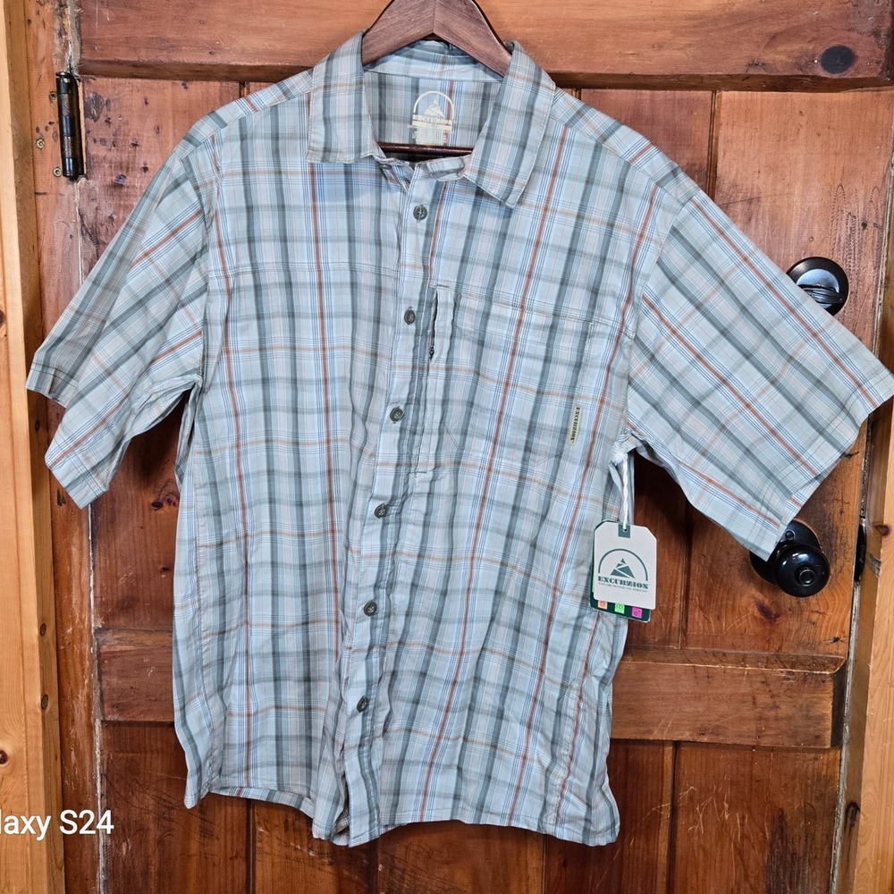 Excurzion Mens Large Short Sleeve Plaid Hiking Shirt UPF 50+ Grey Orange New - Picture 3 of 6